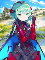 Rule 34 | 1girl, android, asagi1111, clenched hands, grass, green eyes, green hair, ino (xenoblade), joints, mechanical wings, robot, science fiction, short hair with long locks, smile, wings, xenoblade chronicles (series), xenoblade chronicles 3