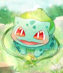 Rule 34 | :d, blush, bouquet, bright pupils, bulbasaur, claws, clover, commentary request, creatures (company), day, fangs, flower, full body, game freak, gen 1 pokemon, giving, grass, highres, ibaraki natou, leaf, light, nintendo, no humans, nostrils, open mouth, outdoors, plant, pokemon, pokemon (creature), red eyes, smile, solo, sparkle, sunlight, tongue, twig, vines, white pupils, yellow flower