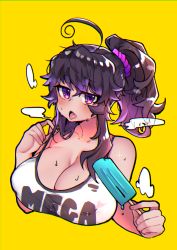 Rule 34 | 1girl, ahoge, bare shoulders, breasts, breath, cleavage, clothes writing, commentary, english commentary, covered erect nipples, food, hair ornament, hair scrunchie, hand up, huge breasts, looking at viewer, mega milk, meme attire, nyarla (osiimi), original, osiimi, ponytail, popsicle, purple eyes, purple hair, scrunchie, simple background, solo, summer, sweat, tongue, tongue out, yellow background