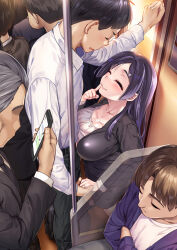 Rule 34 | 1girl, 6+boys, ^ ^, blush, breasts, brown hair, business suit, cellphone, chijo, chikan, cleavage, closed eyes, commentary request, crossed arms, cum, cum on body, cum on breasts, cum on upper body, drooling, fang, fang out, formal, grey hair, hair ornament, hairclip, height difference, hetero, hijiri tsukasa, implied paizuri, jewelry, large breasts, long hair, multiple boys, necklace, original, paizuri, paizuri under clothes, pencil skirt, phone, public indecency, purple hair, ring, skirt, smartphone, smile, stealth sex, suit, train interior