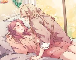 Rule 34 | 2girls, aiiro bokujuu, arm support, bang dream!, blonde hair, blush, brown shirt, closed mouth, dated, eye contact, hand in another&#039;s hair, happy birthday, hood, hoodie, indoors, long hair, looking at another, maruyama aya, multiple girls, on bed, pajamas, parted lips, pillow, pink hair, pink hoodie, red eyes, shirasagi chisato, shirt, signature, smile, symbol-only commentary, yuri