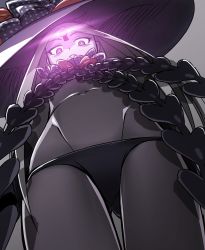Rule 34 | 1girl, abigail williams (fate), abigail williams (third ascension) (fate), absurdres, black panties, bow, facial mark, fate/grand order, fate (series), forehead mark, from below, garland (decoration), glowing, gluteal fold, hat, hat bow, highres, keyhole, kirisame mia, long hair, looking at viewer, navel, orange bow, panties, polka dot, polka dot bow, purple eyes, silver hair, solo, topless, underwear, very long hair, witch hat
