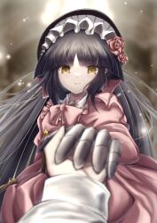 Rule 34 | 1girl, absurdres, black hair, brown gloves, brown ribbon, corset, doll, dress, fate/grand order, fate (series), gloves, highres, holding hands, juliet sleeves, katou danzou (fate), katou danzou (the unmanipulatable ones) (fate), long hair, long sleeves, looking at viewer, moyashi (pixiv44153669), pink dress, puffy sleeves, red skirt, ribbon, skirt, yellow eyes