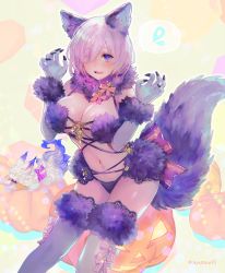 Rule 34 | 1girl, animal ears, blush, bow, breasts, bright pupils, cleavage, cowboy shot, creature, detached collar, elbow gloves, fate/grand order, fate (series), flying sweatdrops, fou (fate), fur-trimmed legwear, fur collar, fur trim, glint, gloves, hair over one eye, hands up, jack-o&#039;-lantern, lace, lace-trimmed legwear, lace trim, large breasts, leaning forward, looking at viewer, mash kyrielight, mash kyrielight (dangerous beast), multicolored background, navel, official alternate costume, pumpkin, purple bow, purple eyes, purple gloves, purple hair, revealing clothes, short hair, shutsuri, speech bubble, spoken sweatdrop, standing, stomach, sweatdrop, tail, tareme, thighhighs, twitter username, w arms, wolf ears, wolf tail