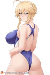 Rule 34 | 1girl, ahoge, artoria pendragon (fate), artoria pendragon (lancer) (fate), aslindsamure, ass, backless outfit, blue eyes, blush, braid, breasts, competition swimsuit, fate/grand order, fate (series), french braid, from behind, hair between eyes, highres, large breasts, long hair, looking at viewer, looking back, nose blush, one-piece swimsuit, sidelocks, simple background, smile, swimsuit, white background