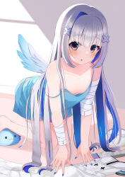 Rule 34 | 1girl, :o, absurdres, all fours, alternate costume, amane kanata, amane kanata (nurse), banana de ikopon, bandaged arm, bandages, blue camisole, blue hair, blue nails, blush, camisole, clothes on floor, colored inner hair, commentary request, flat chest, grey hair, hair ornament, highres, hololive, long hair, looking at viewer, multicolored hair, purple eyes, solo, strap slip, very long hair, virtual youtuber, wings, x hair ornament
