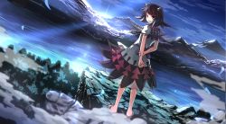 Rule 34 | 1girl, arm grab, arms behind back, black hair, cliff, cloud, dress, dutch angle, forest, highres, horns, kijin seija, lake, landscape, long image, looking at viewer, looking back, mountain, multicolored hair, nature, open mouth, petals, red eyes, red hair, risutaru, sandals, scenery, short hair, sky, smile, smoke, solo, standing, sunlight, sunrise, touhou, tree, wallpaper, water, wide image