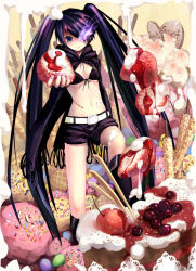 Rule 34 | 10s, 1girl, bikini, bikini top only, black bikini, black hair, black rock shooter, black rock shooter (character), blue eyes, boots, cake, candy, cherry, cream, doughnut, expressionless, food, fruit, glowing, glowing eyes, hair over one eye, in food, long hair, looking at viewer, midriff, mini person, minigirl, nail polish, navel, pastry, pink nails, sankusa, scar, shorts, solo, strawberry, swimsuit, twintails, very long hair