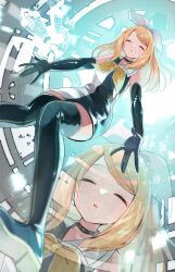 Rule 34 | 1girl, black choker, black gloves, blonde hair, boots, choker, closed eyes, dress, elbow gloves, falling, gloves, hairpin, headphones, highres, kagamine rin, knees together feet apart, long hair, mani (manidrawings), multiple hairpins, nuclear reactor, open mouth, outstretched arms, ribbon, roshin yuukai (vocaloid), shiny clothes, solo, spread arms, thigh boots, vocaloid, white ribbon, yellow ribbon