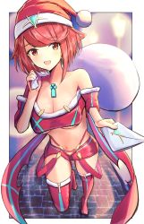 Rule 34 | absurdres, adapted costume, breasts, chest jewel, christmas, earrings, gift bag, hat, highres, jewelry, karuushi, large breasts, pyra (xenoblade), red eyes, red hair, red shorts, red thighhighs, santa hat, short hair, short shorts, shorts, solo, swept bangs, thighhighs, xenoblade chronicles (series), xenoblade chronicles 2