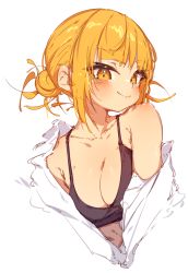 Rule 34 | 1girl, absurdres, bare shoulders, black sports bra, blonde hair, blunt bangs, blush, boku no hero academia, breasts, cleavage, collarbone, double bun, fang, hair bun, hair up, highres, large breasts, long sleeves, looking at viewer, messy hair, open clothes, open shirt, portrait, rasusurasu, shirt, short hair, sidelocks, simple background, skin fang, smile, smug, solo, sports bra, toga himiko, white background, white shirt, yellow eyes