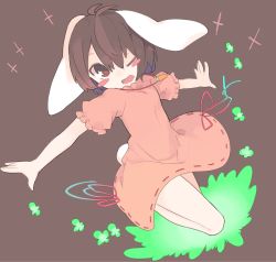 Rule 34 | 1girl, akimaki yuu, animal ears, blush stickers, bow, carrot, carrot necklace, dress, inaba tewi, jewelry, necklace, one eye closed, pendant, pink dress, rabbit, rabbit ears, rabbit girl, rabbit tail, simple background, smile, solo, tail, touhou