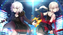 Rule 34 | 2girls, artoria pendragon (all), artoria pendragon (fate), bare shoulders, black camisole, black dress, black jacket, black shorts, blue jacket, breasts, brown eyes, camisole, commentary request, dress, excalibur morgan (fate), fate/grand order, fate/stay night, fate (series), fur-trimmed jacket, fur-trimmed sleeves, fur trim, hair between eyes, holding, holding sword, holding weapon, jacket, jeanne d&#039;arc (fate), jeanne d&#039;arc alter (fate), jeanne d&#039;arc alter (ver. shinjuku 1999) (fate), light brown hair, long hair, long sleeves, looking at viewer, looking back, low ponytail, medium breasts, mishiro (ixtlolton), multiple girls, official alternate costume, open clothes, open jacket, parted lips, ponytail, saber alter, saber alter (ver. shinjuku 1999) (fate), short shorts, shorts, sleeves past wrists, smile, sword, v-shaped eyebrows, weapon, white hair, wicked dragon witch ver. shinjuku 1999