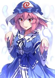 Rule 34 | 1girl, :p, arm garter, blue dress, blue hat, blue ribbon, blue sash, breasts, center frills, collarbone, commentary request, cowboy shot, dress, e.o., frilled shirt collar, frills, ghost pose, hair between eyes, hat, highres, hitodama, large breasts, long sleeves, looking at viewer, mob cap, neck ribbon, one-hour drawing challenge, pink eyes, pink hair, ribbon, ribbon-trimmed collar, ribbon trim, saigyouji yuyuko, sash, short hair, simple background, smile, solo, tongue, tongue out, touhou, triangular headpiece, veil, white background, wide sleeves