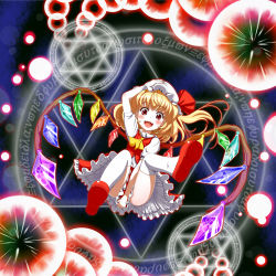 Rule 34 | 1girl, blonde hair, blush, covering privates, covering crotch, danmaku, dress, dress tug, embodiment of scarlet devil, fangs, female focus, flandre scarlet, flying, hand on headwear, hat, hexagram, looking at viewer, magic circle, mary janes, mount whip, open mouth, red eyes, revision, shoes, short hair, smile, solo, thighhighs, touhou, white thighhighs, wings