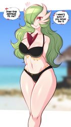 Rule 34 | 1girl, absurdres, arms behind back, bikini, black bikini, blurry, blurry background, blush, breasts, cleavage, closed mouth, colored skin, creatures (company), english text, game freak, gardevoir, gen 3 pokemon, gold, green hair, hair over one eye, heart, highres, jewelry, large breasts, long hair, looking at viewer, mega gardevoir, mega pokemon, nintendo, pokemon, pokemon (creature), red eyes, saltyxodium, smile, solo, swimsuit, white skin