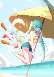 Rule 34 | 1girl, absurdres, alternate costume, aqua eyes, barefoot, blue hair, denim, denim shorts, floating hair, food, fruit, grapes, hatsune miku, highres, holding, holding umbrella, jumping, long hair, looking to the side, midriff, neck ribbon, outdoors, ribbon, rzx0, sandals, scenery, shorts, star-shaped food, star (symbol), starfruit, twintails, umbrella, unworn sandals, vocaloid, watermelon