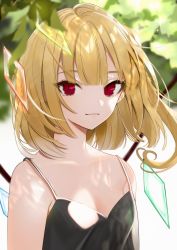 Rule 34 | 1girl, absurdres, alternate costume, black dress, blonde hair, blunt bangs, blurry, blurry background, blurry foreground, breasts, cleavage, closed mouth, collarbone, crystal, daimaou ruaeru, dress, flandre scarlet, highres, leaf, light smile, looking at viewer, no headwear, one side up, red eyes, short hair, small breasts, solo, sparkle, standing, touhou, upper body, wings