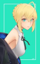 Rule 34 | 1girl, absurdres, ahoge, artoria pendragon (all), artoria pendragon (fate), bare shoulders, black jacket, black ribbon, blonde hair, braid, breasts, choker, closed mouth, collar, fate/grand order, fate/stay night, fate/zero, fate (series), green background, green eyes, highres, jacket, looking at viewer, ribbon, saber (fate), shirt, short hair, small breasts, white shirt, yuk1 94