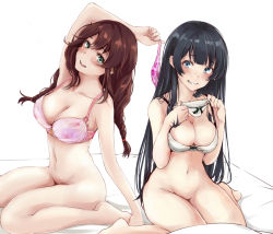 Rule 34 | 2girls, agano (kancolle), arm up, artist name, bed sheet, black hair, blanket, blue eyes, blunt bangs, blush, bottomless, bow, bow panties, bra, braid, breasts, brown hair, character name, cleavage, collarbone, green eyes, grin, holding, holding clothes, holding panties, holding underwear, kantai collection, kneeling, large breasts, long hair, looking at viewer, multiple girls, navel, noshiro (kancolle), on bed, open mouth, panties, pillow, pink panties, rizzl, signature, simple background, sitting, smile, strap gap, teeth, twin braids, underwear, underwear only, wariza, weight conscious, white background, white bra, white panties