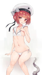 Rule 34 | 10s, 1girl, adapted costume, bacius, bikini, blunt bangs, bow, breasts, brown hair, clothes writing, commentary request, enemy naval mine (kancolle), hand on own chest, hat, hat bow, highres, kantai collection, looking at viewer, navel, open mouth, red eyes, sailor bikini, sailor collar, sailor hat, shadow, short hair, side-tie bikini bottom, sitting, sketch, small breasts, swimsuit, tentacles, white background, white bikini, white hat, z3 max schultz (kancolle)