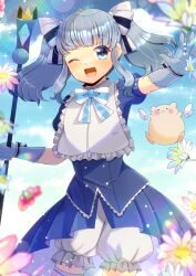 Rule 34 | 1girl, ;d, bloomers, blue eyes, blue flower, blue shirt, blue skirt, blue sky, bow, cloud, commentary request, commission, day, elbow gloves, flower, gloves, grey gloves, grey hair, hair bow, holding, kou hiyoyo, looking at viewer, one eye closed, open mouth, original, outdoors, outstretched arm, pink flower, pleated skirt, puffy short sleeves, puffy sleeves, shirt, short sleeves, skeb commission, skirt, sky, smile, solo, striped, striped bow, thighhighs, twintails, underwear, white bloomers, white flower, white thighhighs