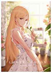 Rule 34 | 1girl, artist name, backlighting, bigxixi, blonde hair, blurry, blurry background, border, breasts, brown eyes, choker, closed mouth, commentary request, cowboy shot, day, depth of field, dress, earrings, english text, floral print, flower, from side, highres, holding, holding flower, indoors, jewelry, long hair, looking at viewer, looking to the side, medium breasts, original, plant, potted plant, print dress, rose, sleeveless, sleeveless dress, smile, solo, straight hair, sunlight, very long hair, white border, white choker, white dress, white flower, white rose, window