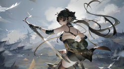 Rule 34 | 1girl, absurdres, black gloves, black hair, black shorts, breasts, cloud, cloudy sky, female rover (wuthering waves), floating hair, gloves, highres, holding, holding sword, holding weapon, long hair, looking at viewer, looking to the side, low ponytail, medium breasts, on one knee, outdoors, profile, short shorts, shorts, sideboob, sky, solo, spade-m, sword, thighhighs, very long hair, weapon, wuthering waves, yellow eyes