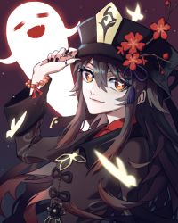 Rule 34 | 1girl, absurdres, bad id, bad pixiv id, black hat, black nails, blush, brooch, brown hair, coat, coattails, collared coat, colored tips, flower, flower-shaped pupils, genshin impact, ghost, hair between eyes, hat, hat flower, hat ornament, highres, hu tao (genshin impact), jewelry, kyonamu, long hair, long sleeves, looking at viewer, multicolored hair, nail polish, plum blossoms, ponytail, porkpie hat, red eyes, ring, shorts, smile, solo, staff of homa (genshin impact), symbol-shaped pupils, talisman, tassel, twintails, vision (genshin impact)