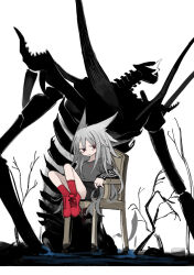 Rule 34 | 1girl, abysmal, animal ears, bare tree, black shirt, black skirt, character request, commentary request, full body, giant skeleton, grey hair, grey shirt, highres, knees up, kokaki mumose, layered shirt, layered sleeves, long hair, long sleeves, looking to the side, on chair, red eyes, red footwear, red socks, scowl, shirt, shoes, short over long sleeves, short sleeves, sitting, skirt, sneakers, socks, solo, tree, v-shaped eyebrows, very long hair, white background, wide shot