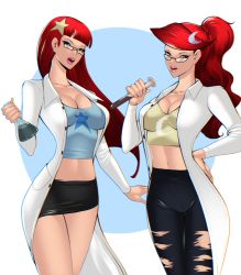 Rule 34 | 2girls, alternate breast size, asteroidart, blue eyes, breasts, cleavage, crescent, crescent hair ornament, glasses, hair ornament, highres, johnny test, lab coat, lips, long sleeves, mary test, miniskirt, multiple girls, ponytail, red hair, siblings, simple background, sisters, skirt, star (symbol), star hair ornament, susan test, test tube, twins, white background