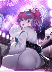 Rule 34 | 2girls, :d, aerial fireworks, ass, breasts, candy, cotton candy, fireworks, flower, food, from behind, hair between eyes, hair flower, hair ornament, holding, holding candy, holding food, hololive, hololive english, japanese clothes, kimono, large breasts, long sleeves, looking at viewer, looking back, multiple girls, ninomae ina&#039;nis, obi, open mouth, outdoors, ponytail, sash, sitting, smile, solo, takanashi kiara, virtual youtuber, white kimono, yaguo