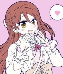 Rule 34 | 1girl, artist name, artist request, bag, blush, bow, breasts, brown eyes, center frills, close-up, collared dress, diamond (gemstone), dress, dress shirt, female focus, frills, grey bow, hair between eyes, hair ornament, hairclip, half updo, heart, heart (symbol), highres, jacket, jewelry, long hair, long sleeves, looking at viewer, love live!, love live! school idol festival, love live! sunshine!!, necklace, orange eyes, parted lips, pink background, pink shirt, red hair, sakurauchi riko, shirt, shoulder bag, small breasts, smile, solo, upper body, white jacket, yellow eyes