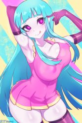 Rule 34 | 1girl, armpits, bare shoulders, blue hair, blue panties, blunt bangs, blush, breasts, collarbone, covered erect nipples, covered navel, dress, elbow gloves, female focus, gloves, hands up, happy, highres, jtveemo, light blush, long hair, looking at viewer, me!me!me!, medium breasts, meme (me!me!me!), panties, pink dress, pointing, pointing at self, purple eyes, purple gloves, purple thighhighs, short dress, sleeveless, sleeveless dress, smile, solo, standing, thighhighs, tongue, underwear, very long hair