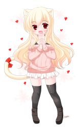 Rule 34 | 1girl, :d, animal ear fluff, animal ears, bare shoulders, black thighhighs, blonde hair, blush, boots, brown footwear, cat ears, cat girl, cat tail, collarbone, commentary request, fang, full body, hair between eyes, hands up, heart, highres, interlocked fingers, kanijiru, long hair, long sleeves, off-shoulder sweater, off shoulder, open mouth, original, own hands clasped, own hands together, pigeon-toed, pink sweater, pleated skirt, red eyes, red ribbon, ribbed sweater, ribbon, signature, skirt, smile, solo, standing, sweater, tail, tail raised, thighhighs, thighhighs under boots, very long hair, white background, white skirt