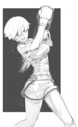 Rule 34 | 1girl, abs, black background, boxing, boxing gloves, boxing shorts, commentary request, gloves, greyscale, highres, looking at viewer, midriff, monochrome, original, punching, rggr, serious, short hair, shorts, simple background, solo, standing, sweat