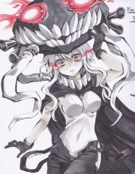 Rule 34 | 10s, 1girl, abyssal ship, bad id, bad pixiv id, black gloves, bodysuit, gloves, glowing, glowing eyes, headgear, kantai collection, looking at viewer, open mouth, p-line, pale skin, parune chigetsu, silver hair, solo, traditional media, wo-class aircraft carrier