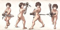 Rule 34 | 1girl, absurdres, ass, blue eyes, breasts, brown hair, completely nude, fighting stance, flamberge, full body, highres, holding, holding sword, holding weapon, ironlily, medium breasts, multiple views, muscular, muscular female, nude, ordo mediare sisters (ironlily), short hair, sword, weapon, weapons instructor (ironlily)