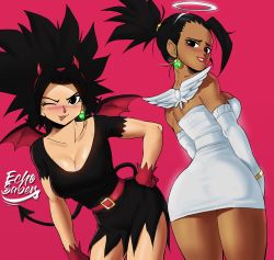 Rule 34 | 2girls, absurdres, artist name, ass, black hair, blush, breasts, caulifla, cleavage, dark-skinned female, dark skin, dragon ball, dragon ball super, earrings, echo saber, fake halo, fake horns, fake wings, gloves, halo, hand on own hip, highres, horns, jewelry, kale (dragon ball), looking at viewer, looking back, multiple girls, one eye closed, red background, simple background, tail, tongue, tongue out, wings