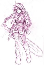 Rule 34 | 1girl, boots, braid, breasts, capelet, cleavage, detached sleeves, dress, expressionless, full body, huge weapon, knee boots, kumacchi, large breasts, long hair, monochrome, phantasy star, phantasy star universe, purple theme, sketch, solo, standing, sword, thighhighs, twin braids, weapon, white background