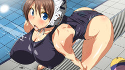 Rule 34 | 1girl, bent over, blue eyes, breasts, brown hair, curvy, covered erect nipples, female focus, highres, huge breasts, kunifuto, one-piece swimsuit, original, pool, short hair, solo, playing sports, swimsuit, water polo, wet