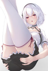 Rule 34 | 1girl, anchor symbol, azur lane, black dress, breasts, collar, dress, feet out of frame, frilled dress, frills, highres, large breasts, looking at viewer, maid, metal collar, nakazawa aki, puffy short sleeves, puffy sleeves, red eyes, short hair, short sleeves, simple background, sirius (azur lane), solo, thighhighs, two-tone dress, white background, white dress, white hair, white thighhighs