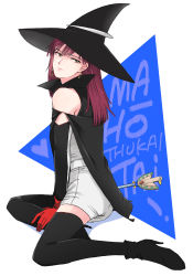 Rule 34 | 1990s (style), 1boy, aburatsubo ayanojou, black thighhighs, copyright name, earrings, full body, gloves, hat, jewelry, long hair, looking at viewer, mahou tsukai tai!, male focus, muraeri1204, purple hair, retro artstyle, simple background, solo, thighhighs, trap, white background, witch hat, yellow eyes