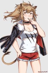 Rule 34 | 1girl, animal ears, arknights, black jacket, blonde hair, breasts, brown eyes, candy, cleavage, collar, commentary, cowboy shot, female focus, food, food in mouth, fur-trimmed jacket, fur trim, graysheartart, grey background, hand on own hip, hand up, highres, jacket, jacket on shoulders, large breasts, leather, leather jacket, lion ears, lion girl, lion tail, lollipop, long hair, looking at viewer, ponytail, red shorts, shorts, siege (arknights), simple background, solo, studded collar, tail, tank top, twitter username, white tank top