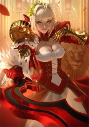Rule 34 | 10s, 1girl, ahoge, animal, armor, blonde hair, blush, breasts, cleavage, dress, fate/extra, fate/extra ccc, fate (series), fingerless gloves, gauntlets, gloves, green eyes, hair ornament, highres, lion, looking at viewer, medium breasts, nero claudius (fate), nero claudius (fate), nero claudius (fate/extra), petals, pointing, raikoart, red dress, red gloves, smile, sword, weapon