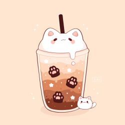 Rule 34 | :3, animal ears, animal focus, black eyes, blush stickers, cat, cat ears, cat tail, closed mouth, coffee, commentary, cup, disposable cup, drinking straw, dripping, english commentary, food focus, highres, juryokuarts, no humans, original, oversized food, oversized object, paw print, shadow, smile, solid circle eyes, sparkle, star (symbol), tail, watermark, white cat, wide oval eyes, yellow background