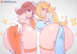 Rule 34 | 2girls, ass, bent over, blonde hair, blue eyes, breasts, brown hair, cleavage, come hither, crown, dress, earrings, flower earrings, gluteal fold, grin, hair over one eye, hands on own ass, hands on own chest, huge ass, huge breasts, jewelry, looking at viewer, looking back, mario (series), multiple girls, nintendo, one eye covered, pelvic curtain, presenting, princess daisy, rosalina, shiny skin, sideboob, smile, sugarbell, super mario galaxy, super mario land, super smash bros., teasing, thighs