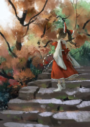 Rule 34 | 1girl, adapted costume, alternate hairstyle, brown hair, dress, forest, gohei, hair bobbles, hair ornament, hakurei reimu, japanese clothes, long sleeves, miko, nature, ponytail, red dress, scenery, seeker, solo, stairs, touhou, wide sleeves