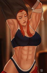Rule 34 | 1girl, abs, absurdres, armpits, arms up, breasts, brigitte (overwatch), cleavage, closed eyes, highres, large breasts, long hair, muscular, muscular female, naavs, overwatch, overwatch 1, panties, parted lips, red hair, sidelocks, solo, sports bra, sweat, underwear, undressing
