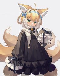 Rule 34 | 1girl, absurdres, ahoge, alternate costume, animal ears, arknights, bell, black bow, black bowtie, black dress, blonde hair, blue bow, blue hairband, bow, bowtie, braid, cowboy shot, dress, fox ears, fox girl, fox tail, green eyes, grey background, hair bow, hair intakes, hairband, highres, kankou tokudou, kitsune, long hair, long sleeves, looking at viewer, multicolored hair, multiple tails, neck bell, pom pom (clothes), puffy sleeves, simple background, sleeves past fingers, sleeves past wrists, solo, streaked hair, suzuran (arknights), tail, white hair
